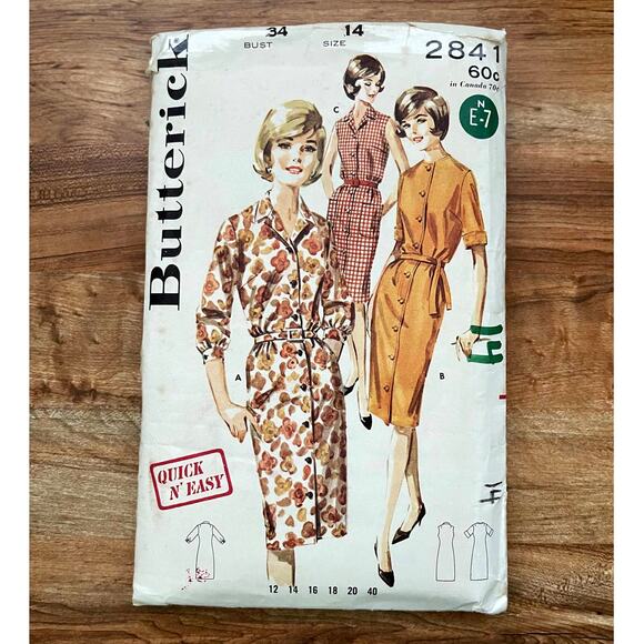 Vintage 1960s Butterick 2841 Sewing Pattern Sz Small 14 Collared Dress COMPLETE - Picture 1 of 2